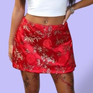 Vintage Y2K Red Satin Oriental Bamboo Mini Skirt